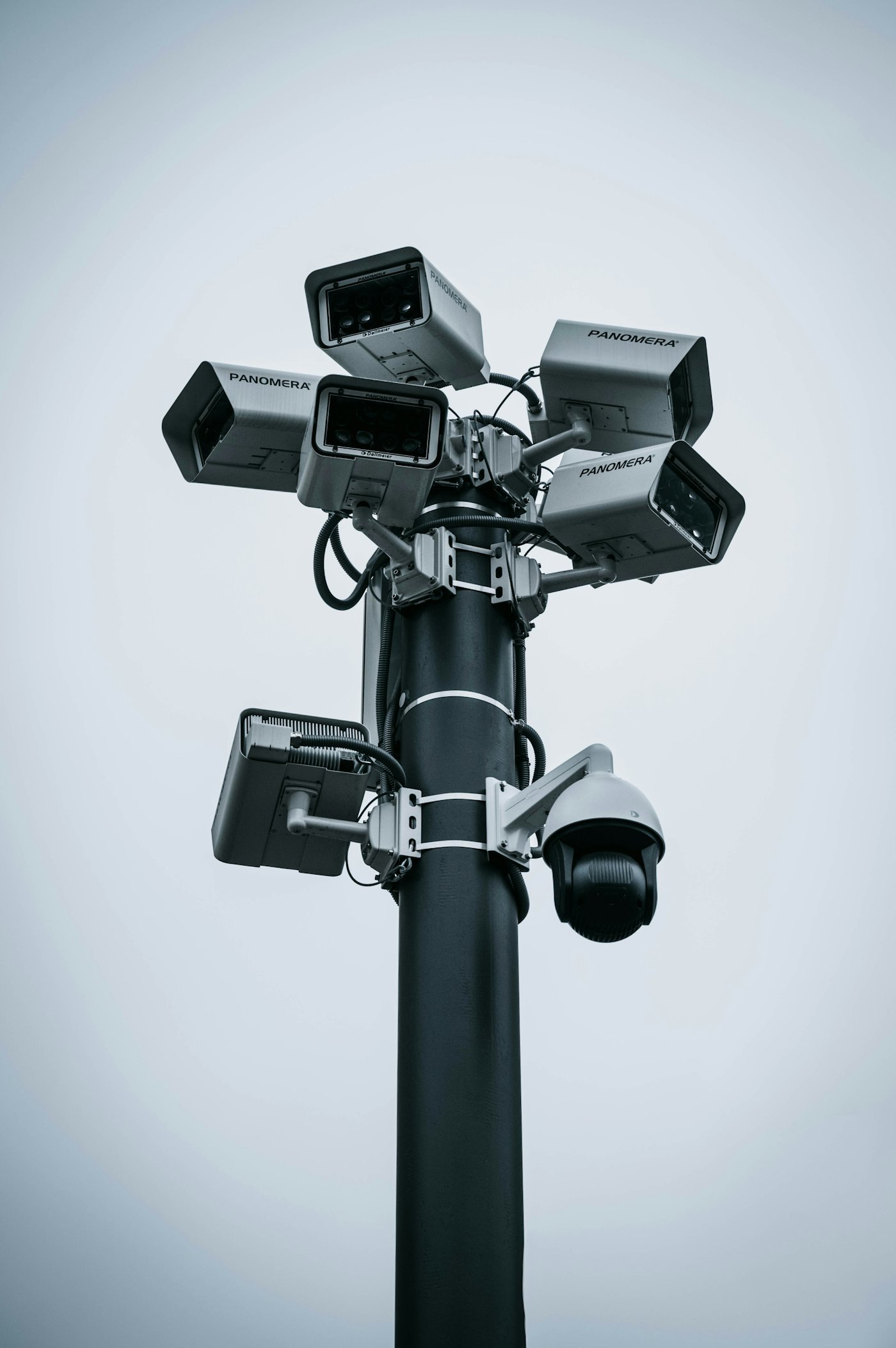 A pole mounted with multiple surveillance cameras against a grey sky.